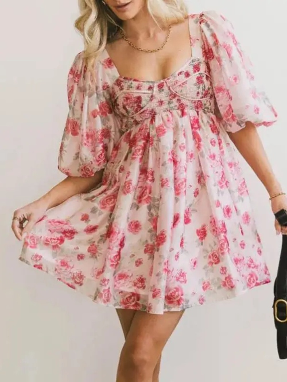 Sophie the Label Pink Rose-Print Puff Sleeve Mini Dress